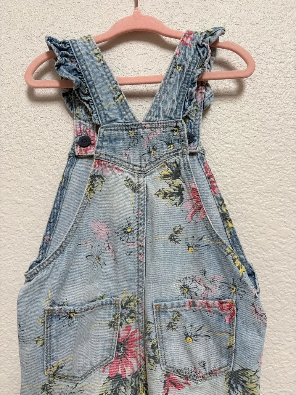 GAP Toddler Girls Floral Print Light Blue Denim Overalls 100% Cotton 3T